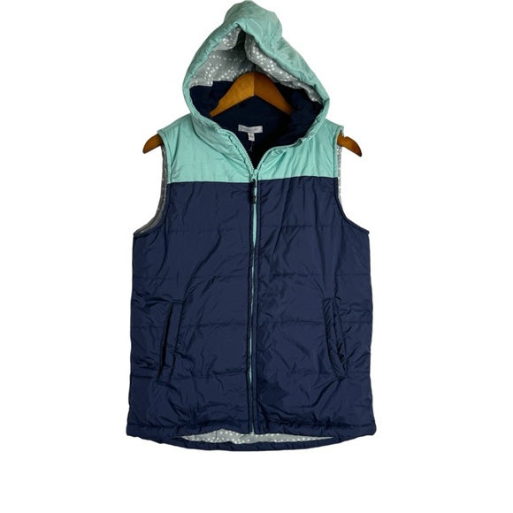 Ocean + Coast Womens Blue Color Block Hooded Puffer Vest NWT - Picture 1 of 6